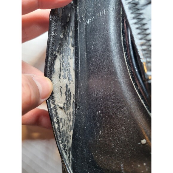 Tory Burch Leather Ballet Flats Women’s Size 7.5 Silver Medallion Black Slip Ons - Picture 7 of 9